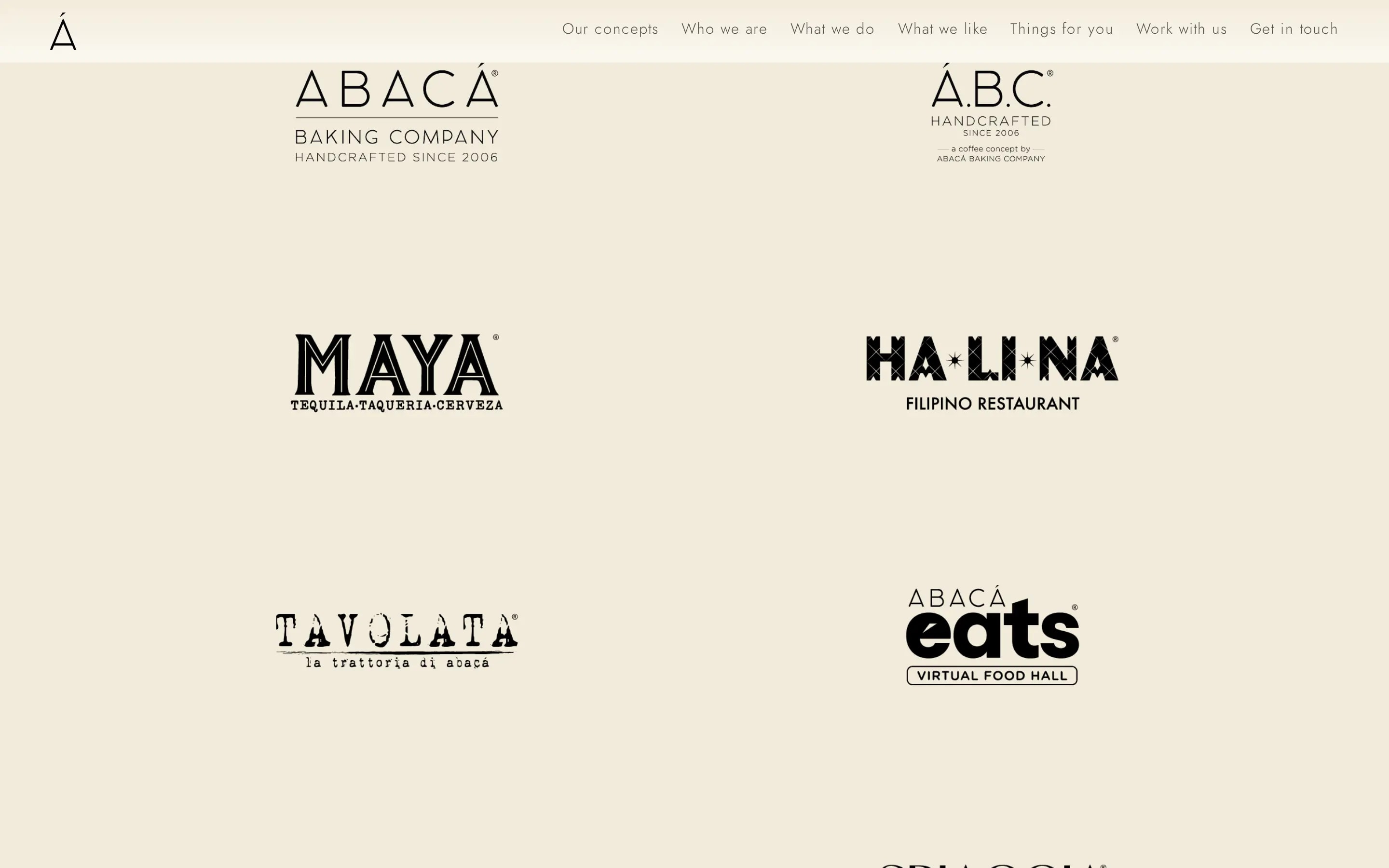 The Abaca Group homepage with its concepts introduction and a grid of restaurant, cafe and hotel brand tiles.