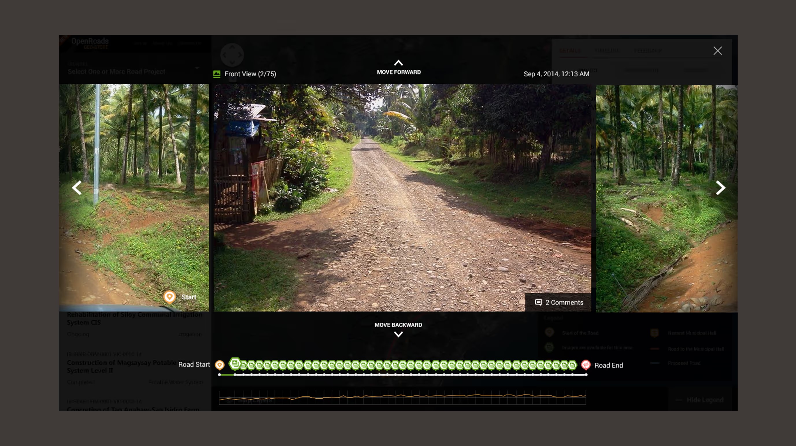 Geostore road viewer stepping through geotagged photos of a dirt road, with a timeline from road start to end.