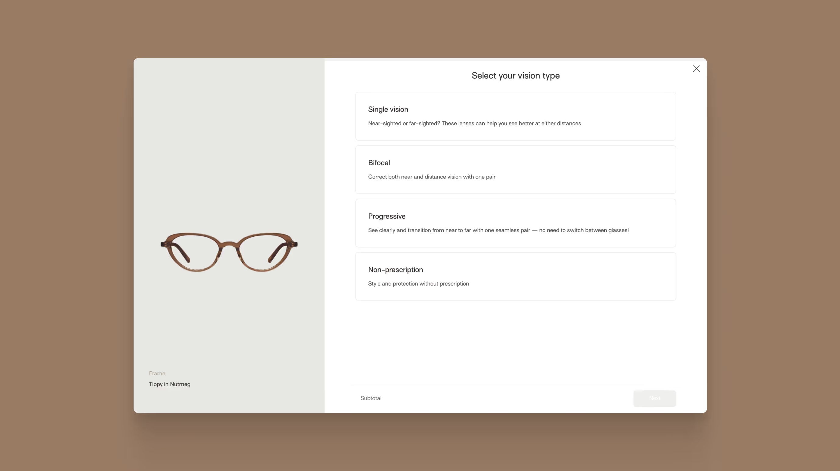Sunnies Studios vision type step offering single vision, bifocal, progressive and non-prescription lenses beside the frame.