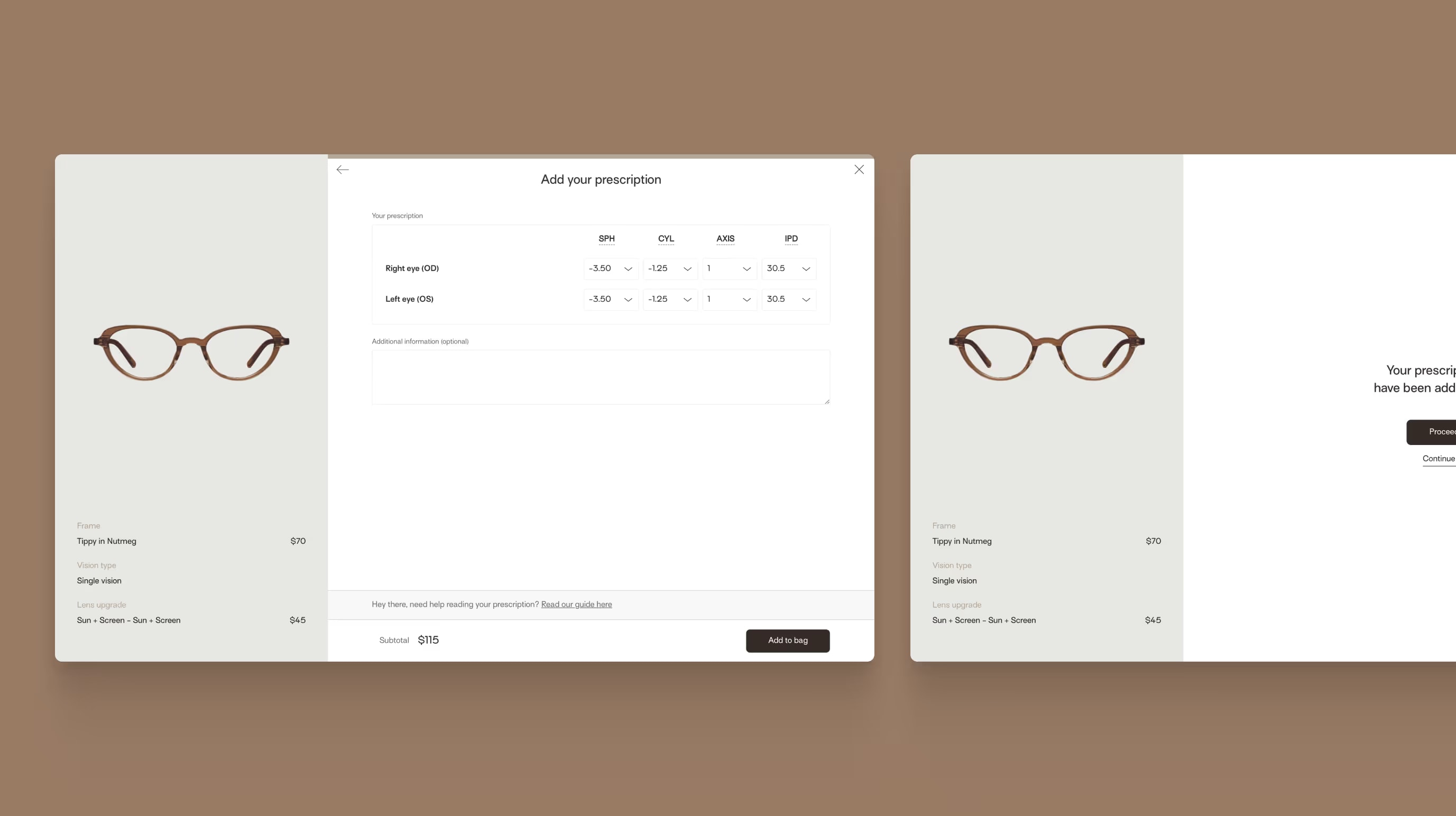 Sunnies Studios prescription form with values for each eye and a subtotal, followed by a confirmation screen.