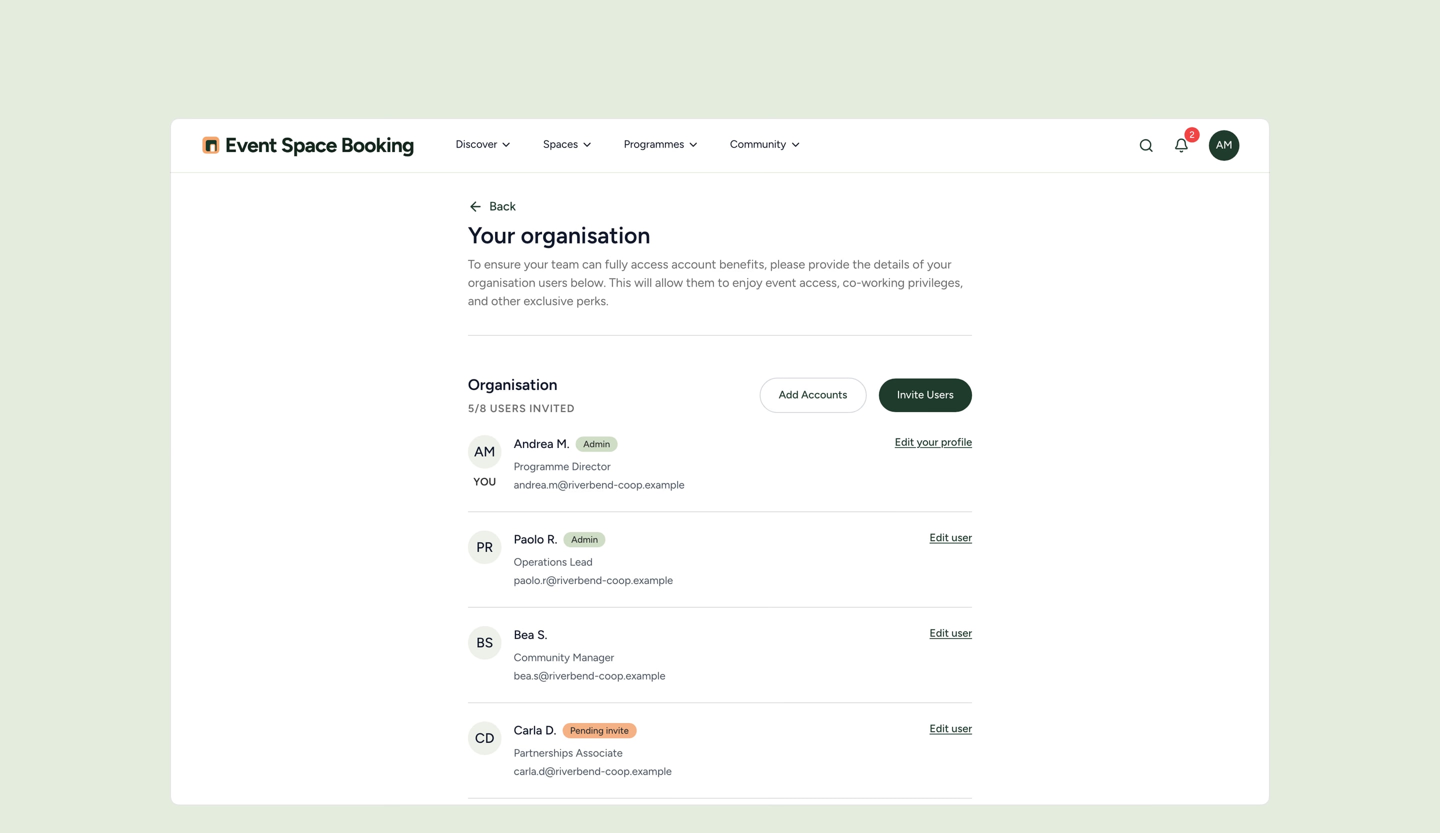 Your organisation: five of eight users invited, Add Accounts and Invite Users, the admins and a pending invite.